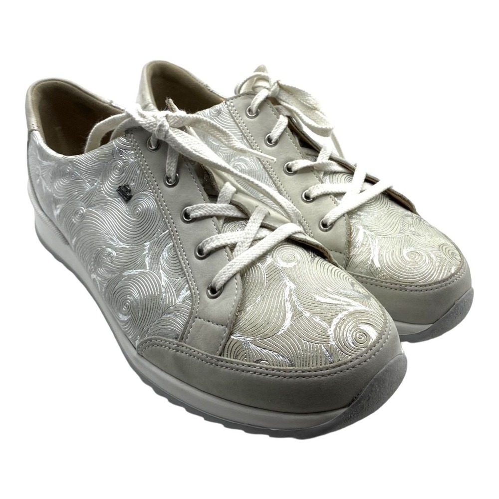 Finn Comfort Womens 6.5 Silver Swirl Leather Lace‎ Up Walking Sneakers Germany - Picture 2 of 15